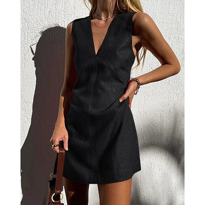Cotton Linen Dress Women Summer Elegant Generous A line Solid Color V neck Short Vest Dress JilSung