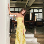 French Tight Waist Yellow Tube Top Dress Holiday Backless Summer Ruffles Women Clothing Tight Waist Sight