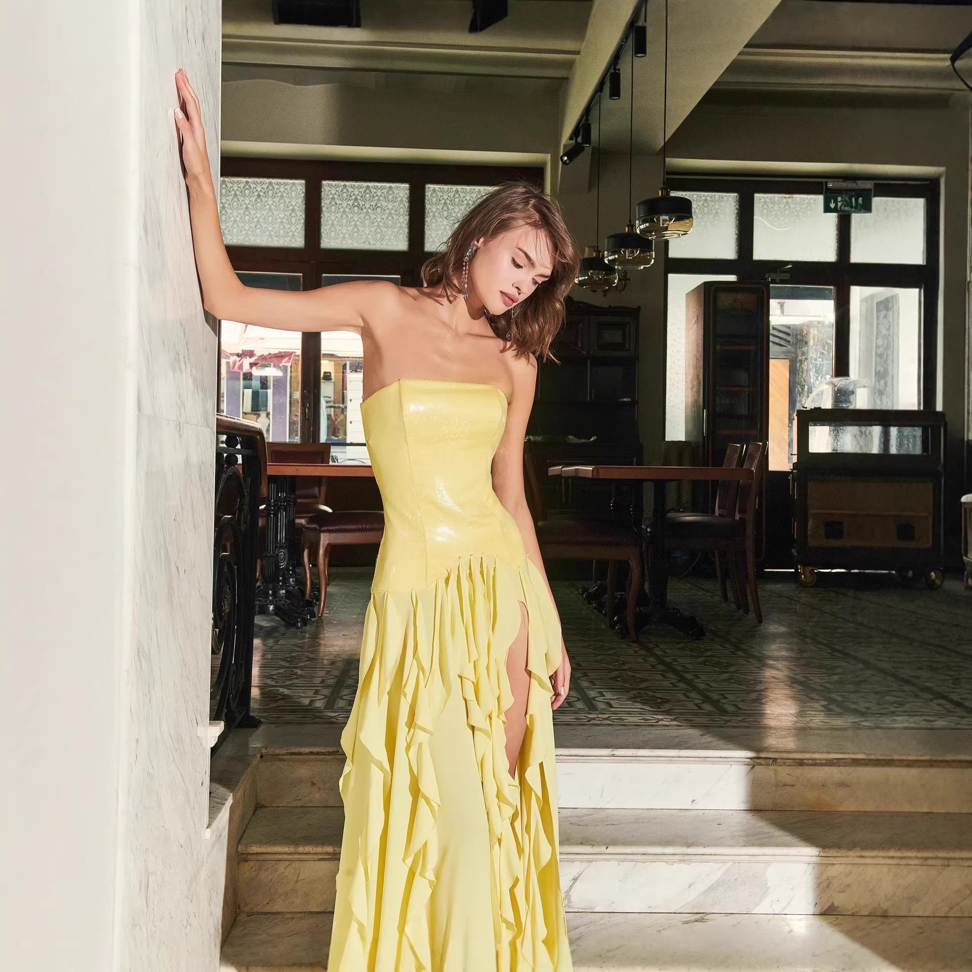 French Tight Waist Yellow Tube Top Dress Holiday Backless Summer Ruffles Women Clothing Tight Waist Sight