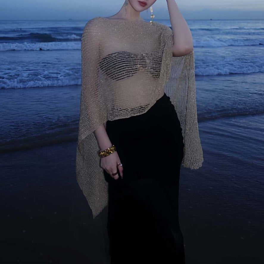 Pure Hollow Out Cutout out Gold Knitted Blouse Bikini Four Piece Suit Elegant Beautiful Vacation Maxi Dress Swimsuit Women Mangar