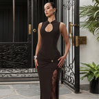 Women Clothing Spring Metal Buckle Half Turtleneck Sleeveless Sheath Slit Pleated Dress COORAL