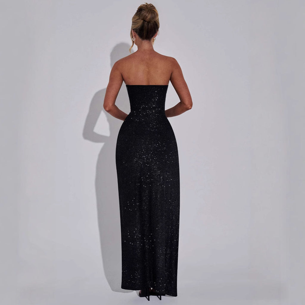 Spring Summer Socialite Elegant Sexy Slim Fit Shiny Tube Top Split Dress for Women XINXI