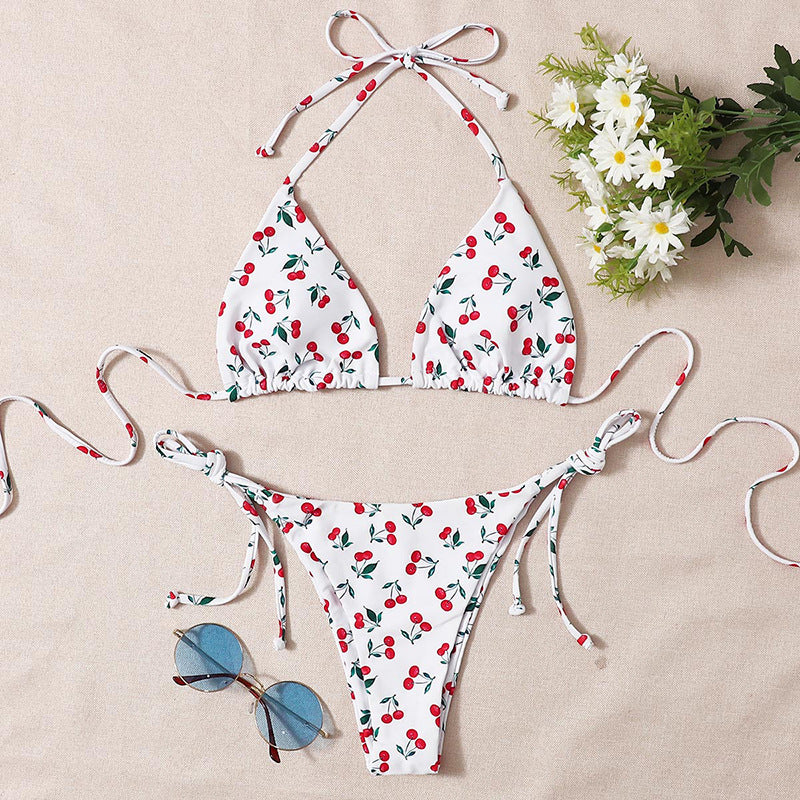 Conjunto de bikini sexy para mujer, bikini de playa de verano, bikini con estampado de cerezas pequeñas