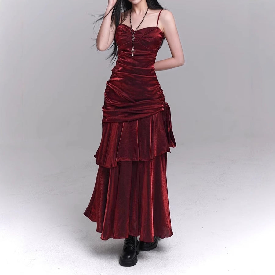 Vestido rojo oscuro con tirantes, vestido de concierto para cumpleaños, vestido de fiesta de alta gama, vestido pequeño
