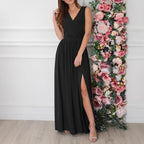 Women Clothing Summer Solid Color V neck Sexy Slit Hemline Hem Dress Qube