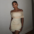Women Clothing Ruffle Hip Ruffled Mesh Outerwear Strapless Dress Slim Dress