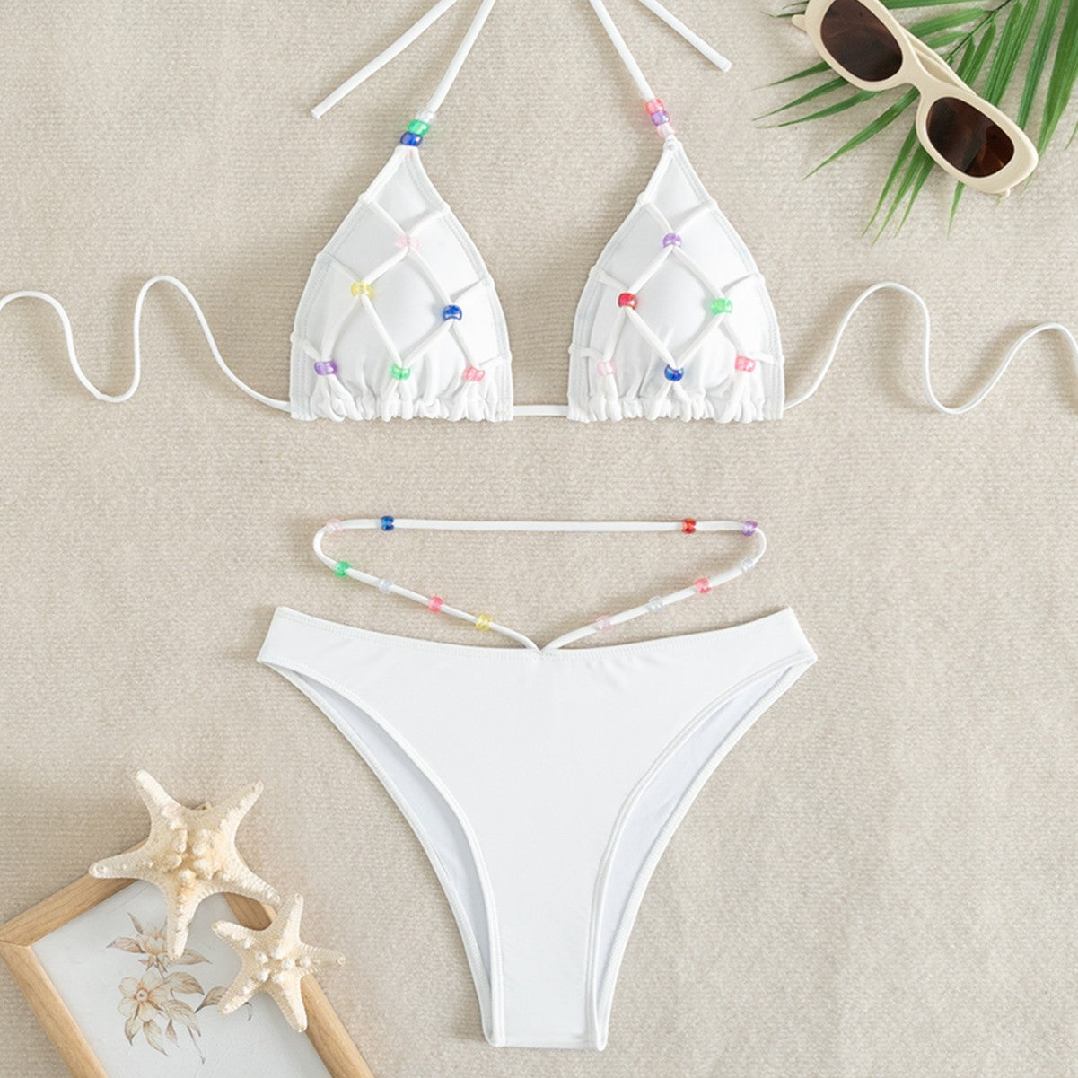 Traje de baño blanco perla con cordones Bikini sexy triángulo bolso playa bikini