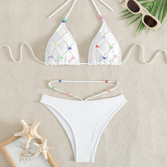 Traje de baño blanco perla con cordones Bikini sexy triángulo bolso playa bikini