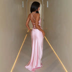Long Slim Fit Sexy Large V neck Sling Soft Smooth Thin Twisting Satin Silk Dress XINXI