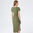 Knitted Small Sunken Stripe Elegant Square Cut Collar Waist Figure Flattering Side Slit Hip Dress Yiskiss