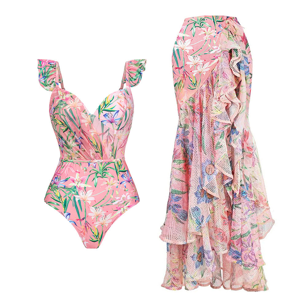 Pink Small Flying Sleeve Swimsuit Suit