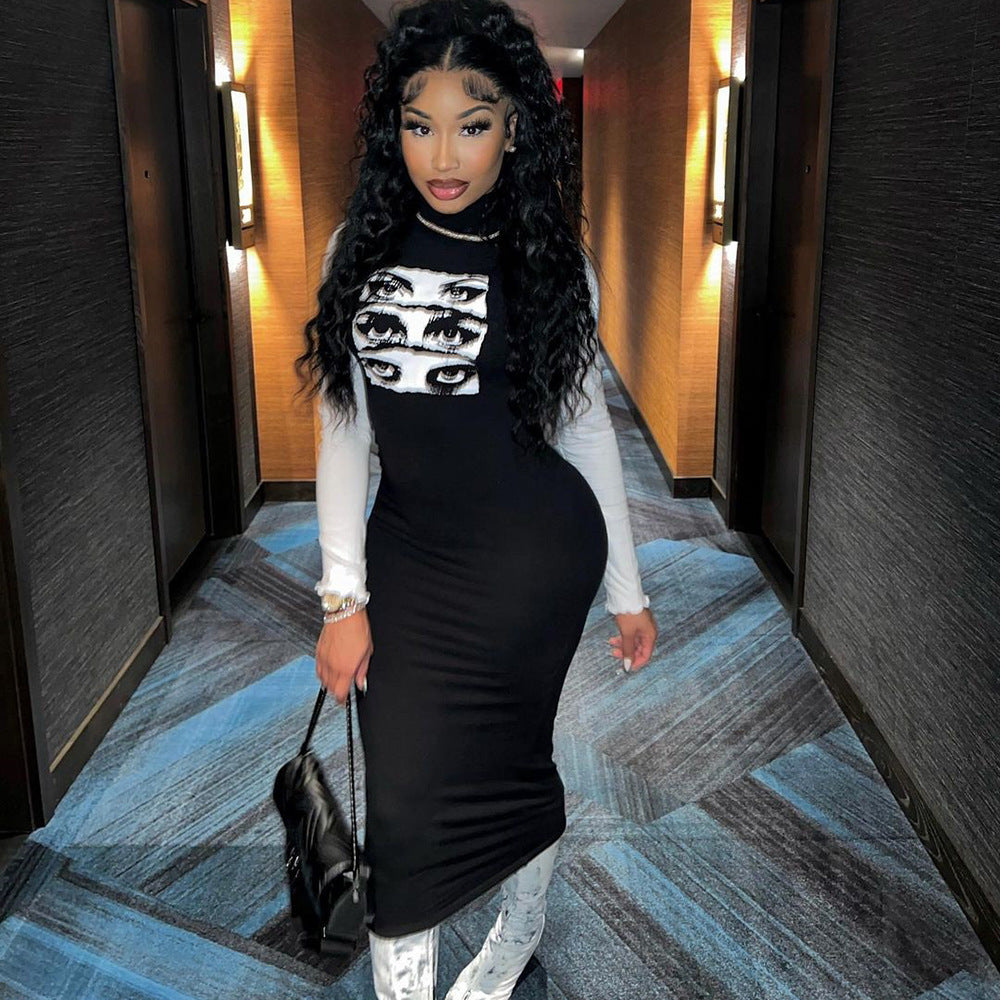 Spring Summer Sexy Long Sleeve round Neck Pullover Adhesive Cement Eye Dress Women Clothing Nazada