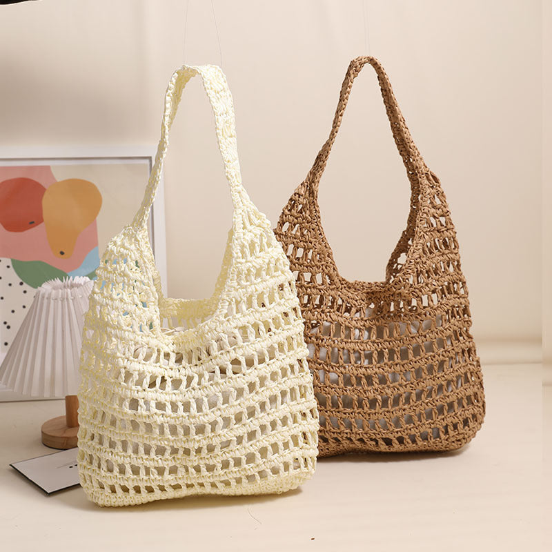 Sac à bandoulière en paille de grande capacité, fourre-tout ajouré et découpé, sac en paille portable, sac tissé, sac de plage pour vacances en bord de mer 
