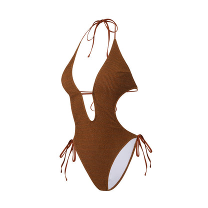 Bikini Sexy Deep V Plunge Lace up Halterneck Backless Siamese Women Swimsuit Peaches