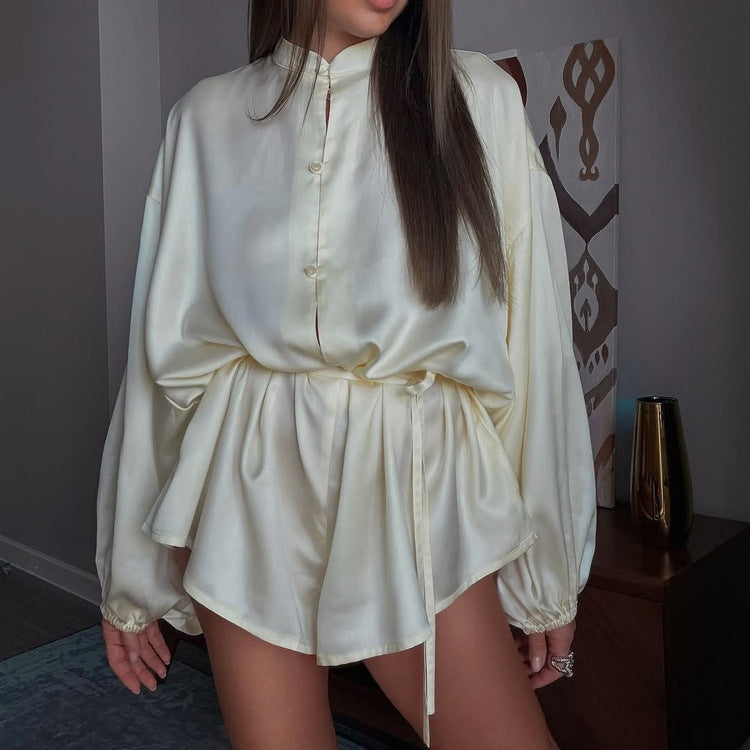 Women Clothing Summer High-Grade Stand Collar Long Sleeve Single Breasted Loose Lace up Jumpsuit Kigali