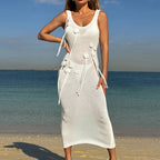 Holiday Dress Three Dimensional Floral Sexy Slim U Neck Breathable Suspenders Back Slit Beach Dress Tidee