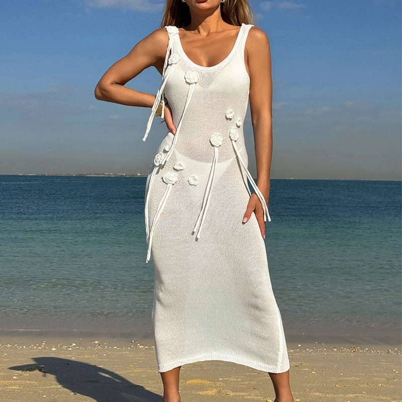 Holiday Dress Three Dimensional Floral Sexy Slim U Neck Breathable Suspenders Back Slit Beach Dress Tidee