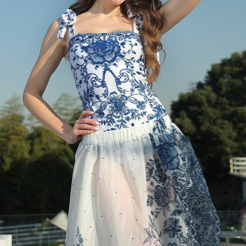 Traje de baño de una pieza con lazo estampado azul y blanco para mujer