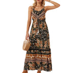 Women Bohemian Strap Dress Printed Vacation Beach Dress Cloth Porch