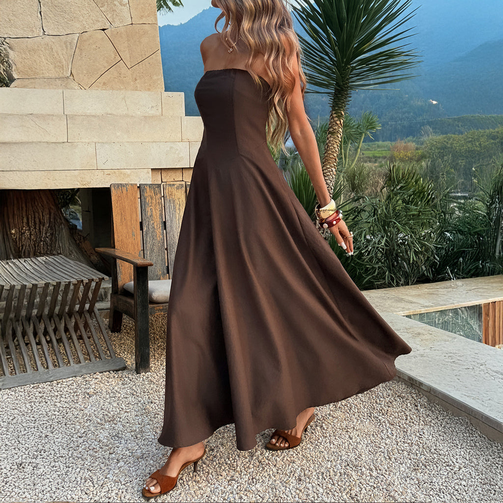 Spring Summer Woven Tube Top Solid Color Retro Holiday Casual Dress CKK