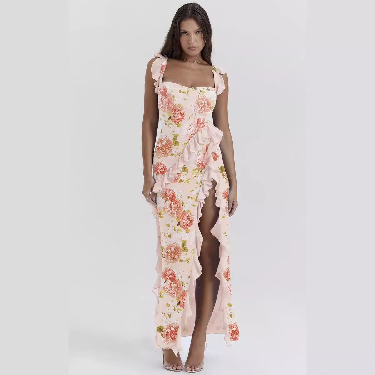 Vestido de verano con tirantes franceses, orejas de madera, estampado sexy y dividido