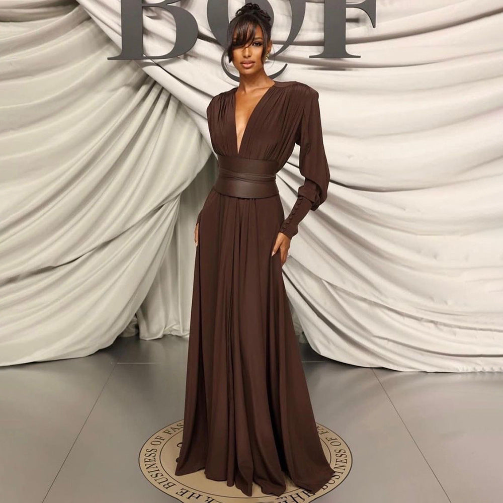 Spring Summer Chocolate Design Waist Seal Pleated Dress Brown Women Dress Sight