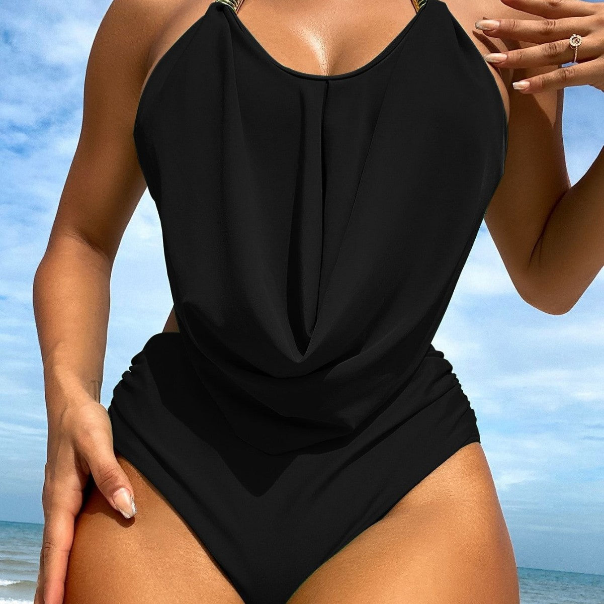 Traje de baño de bikini de playa de color sólido sexy con cuello halter y cordones para mujer