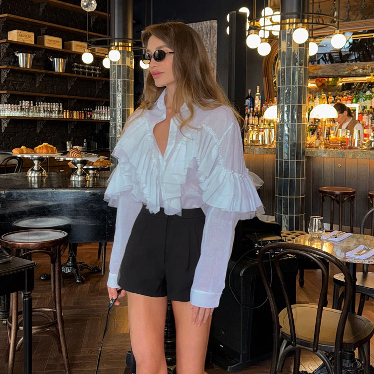 Chemise blanche à volants de style français pour femme, col polo, manches longues, style automne, idéale pour le bureau ou toute autre occasion.