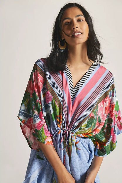 Blusa con estampado de dos cabezas y cinturón ajustable para playa, informal y para vacaciones