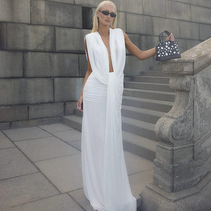 Summer Women Clothing Sexy Deep V Plunge neck High Waist Sheath Solid Color Dress Women