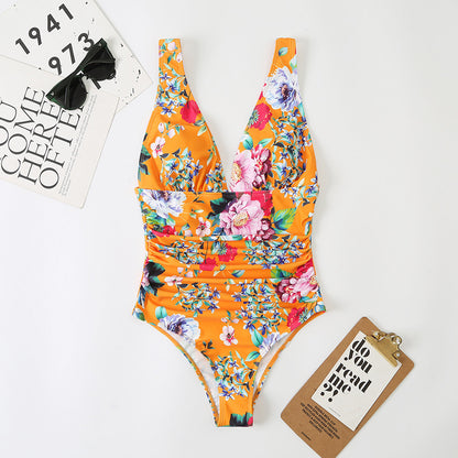 Traje de baño de una pieza para mujer, de cintura alta, triangular, estampado multicolor, estilo conservador doméstico.