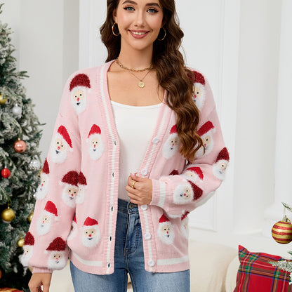 Women Casual Santa Claus Brocade Sweater Cardigan Autumn Winter Christmas Sweater