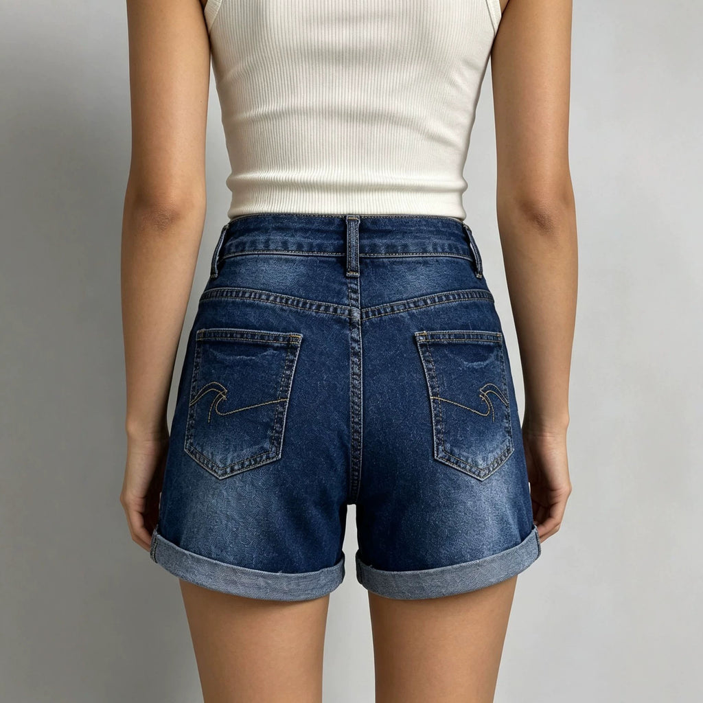 Summer Dark Blue Retro Elastic High Waist Casual Women Denim Shorts Shocen