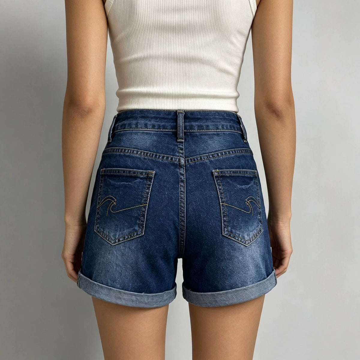 Summer Dark Blue Retro Elastic High Waist Casual Women Denim Shorts Shocen