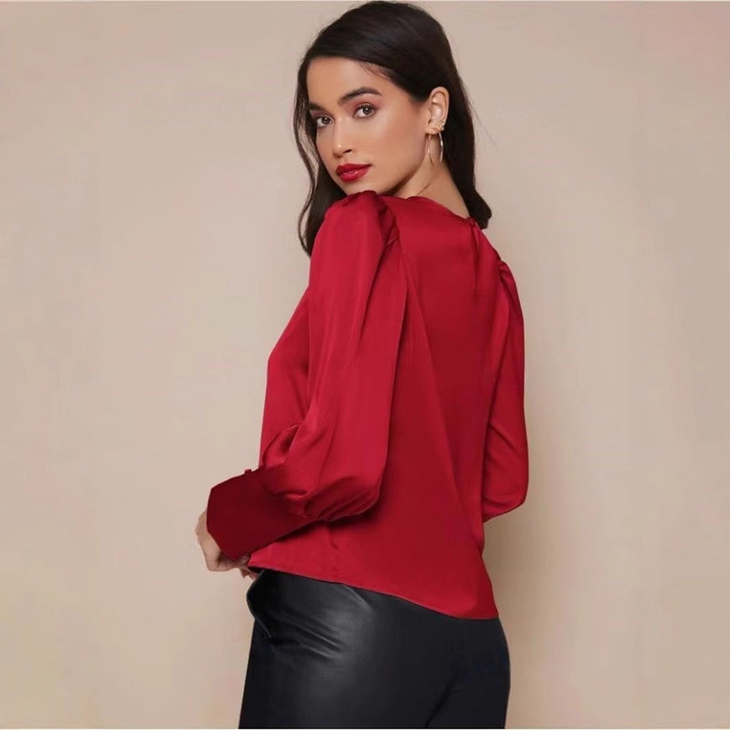Camisa de satén de manga larga para mujer, primavera otoño, camisa de satén con mangas farol