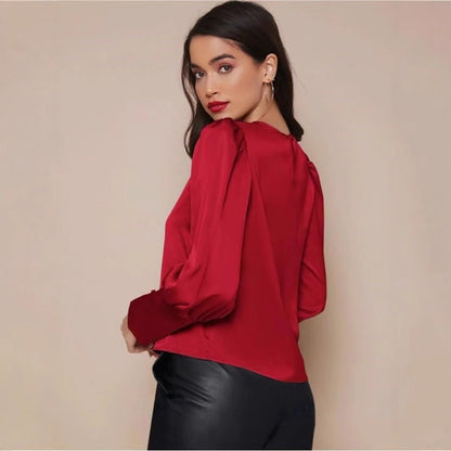 Long Sleeved Satin Shirt Women Spring Autumn Lantern Sleeve Satin Shirt Top