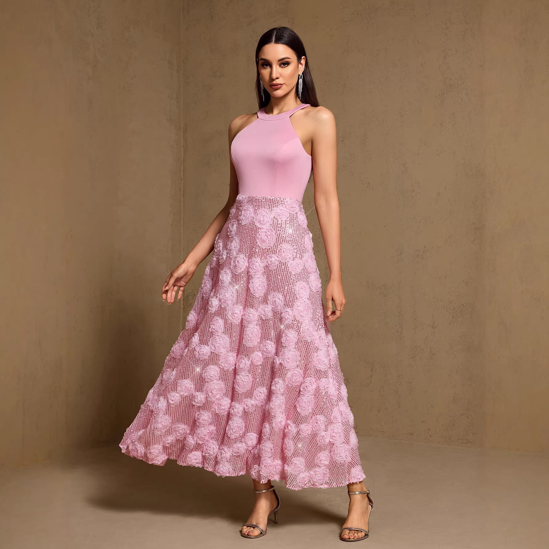 Spring Summer Halter Print Stitching Large Hem Fully Lined Evening Dress Party Dress HENGACHI