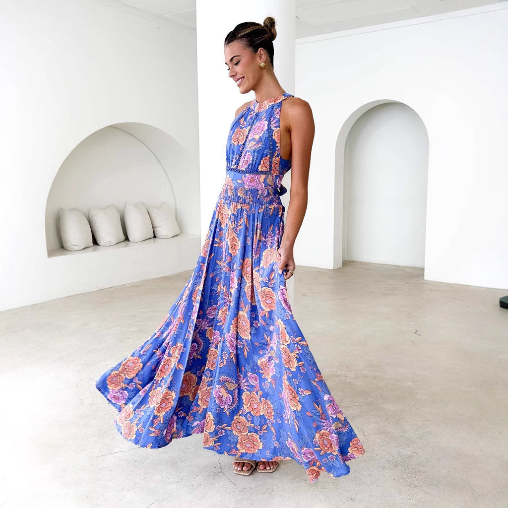 Vestido playero bohemio con cuello halter, estampado floral, cintura alta y espalda descubierta para mujer
