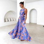 Vestido playero bohemio con cuello halter, estampado floral, cintura alta y espalda descubierta para mujer