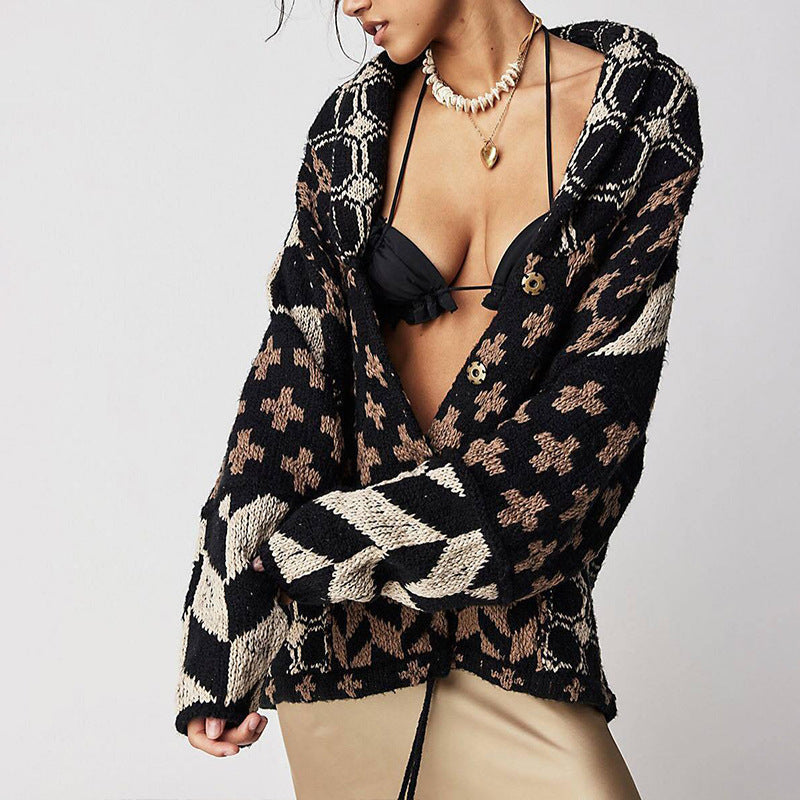 Autumn Winter Knitwear Abstract Printing Collared Loose Long Sleeve Knitted Sweater for Women Mangar