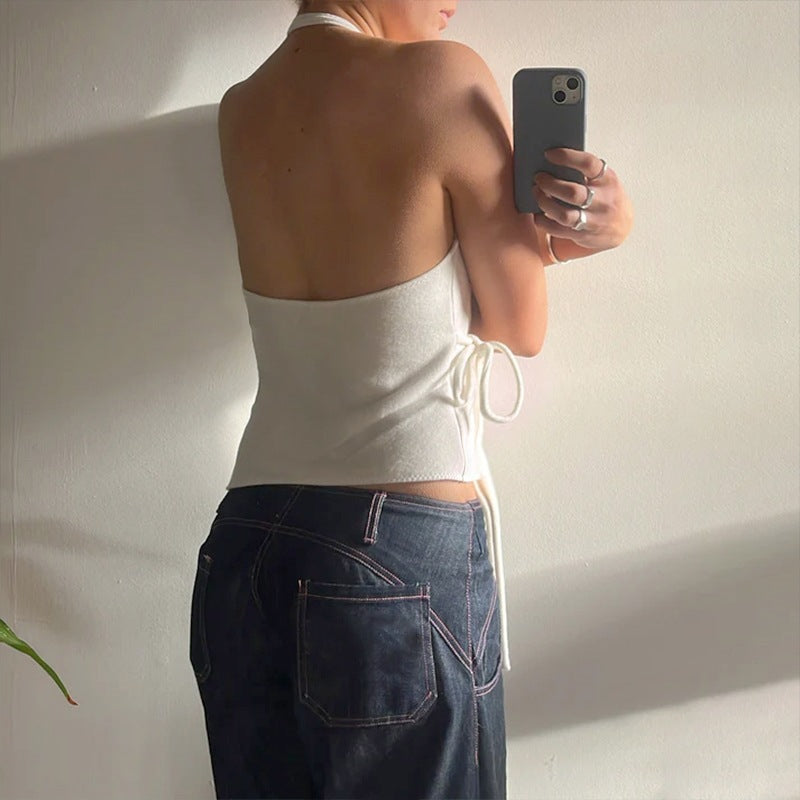 Women Clothing Summer Sexy Backless Lace up Cardigan Halter Design Vest Top for Women