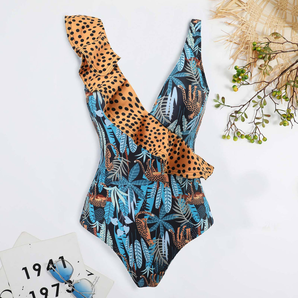 Traje de baño sexy para mujer, bikini con estampado de leopardo y volantes, vestido de gasa