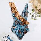 Traje de baño sexy para mujer, bikini con estampado de leopardo y volantes, vestido de gasa