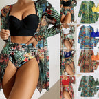 Maillot de bain trois pièces sexy en maille pour femme, push-up, fendu, imprimé