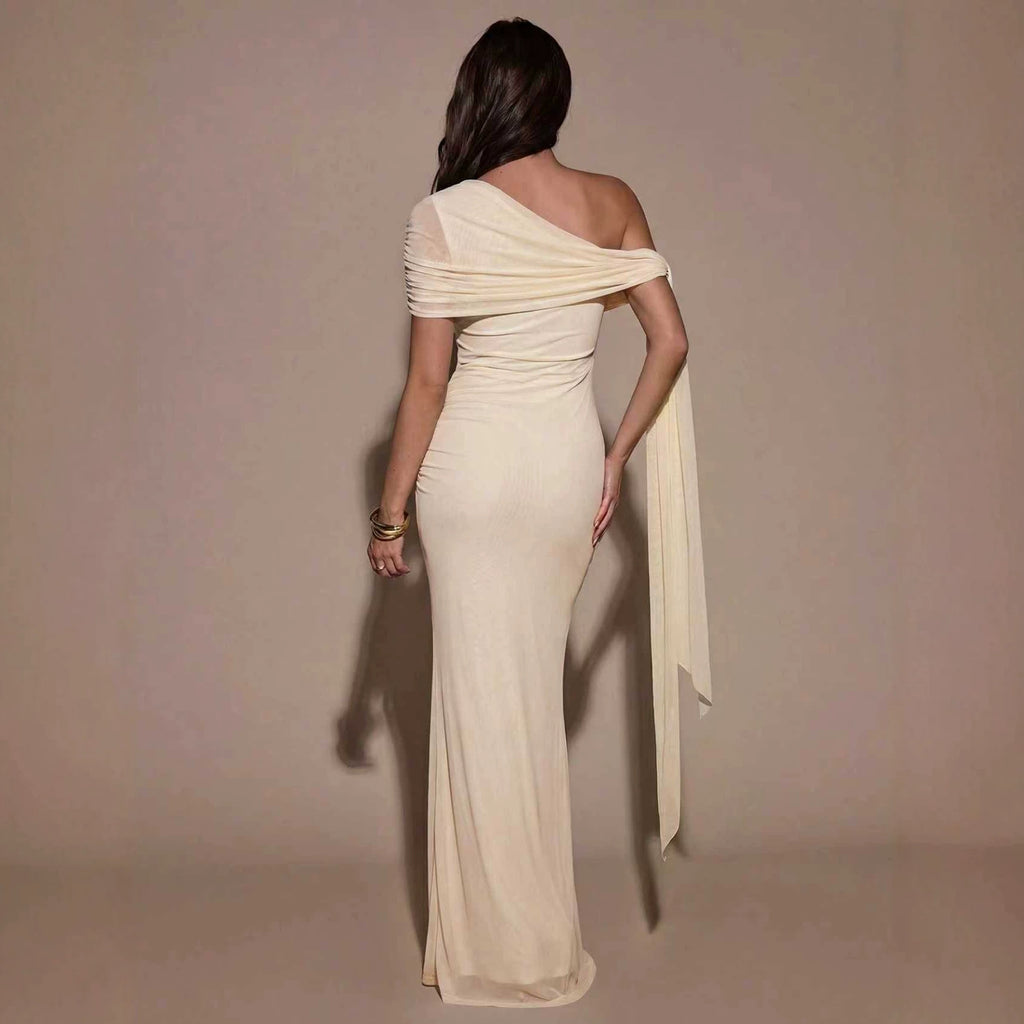 Women Clothing Oblique Shoulder Irregular Asymmetric Maxi Dress Pleated Slim Summer Dress for Women WensDiva