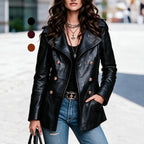 Double Breasted Faux Leather Coat Fashionable Elegant Collared Long Sleeve Faux Leather Pocket Jacket Venly