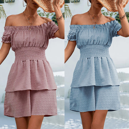 Women Clothing Spring Summer Sexy off the Shoulder Smocking Jacquard Dress