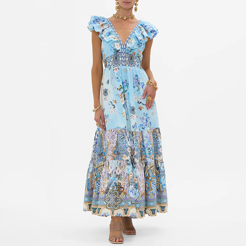 Seaside Vacation Printed Dress Early Spring V neck Short Sleeve Back Hollowed High Waist Dress