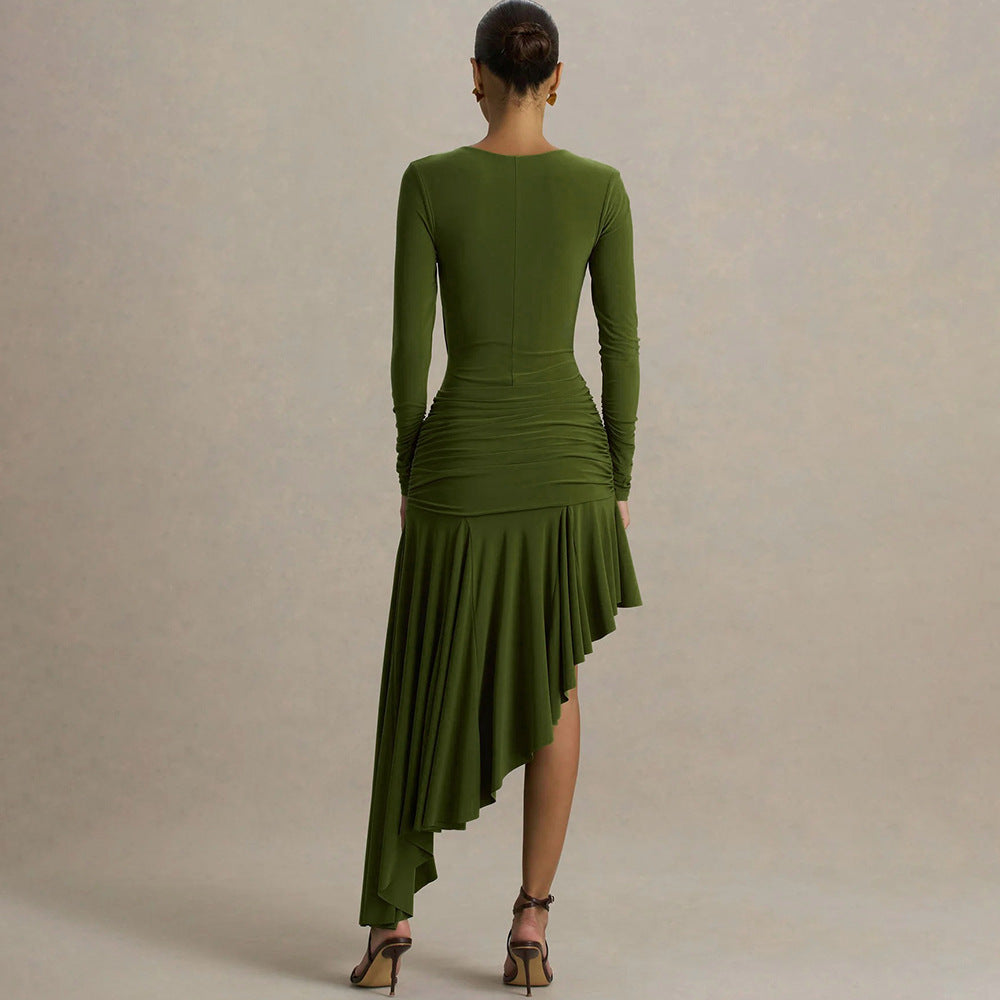 Autumn Winter Graceful Fashionable Women Slim Dress Sexy Pleated Irregular Asymmetric Maxi Dress JULISSA