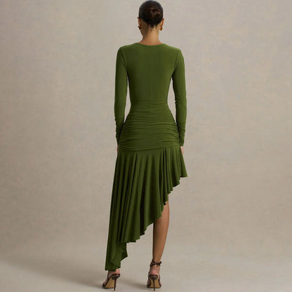 Autumn Winter Graceful Fashionable Women Slim Dress Sexy Pleated Irregular Asymmetric Maxi Dress JULISSA